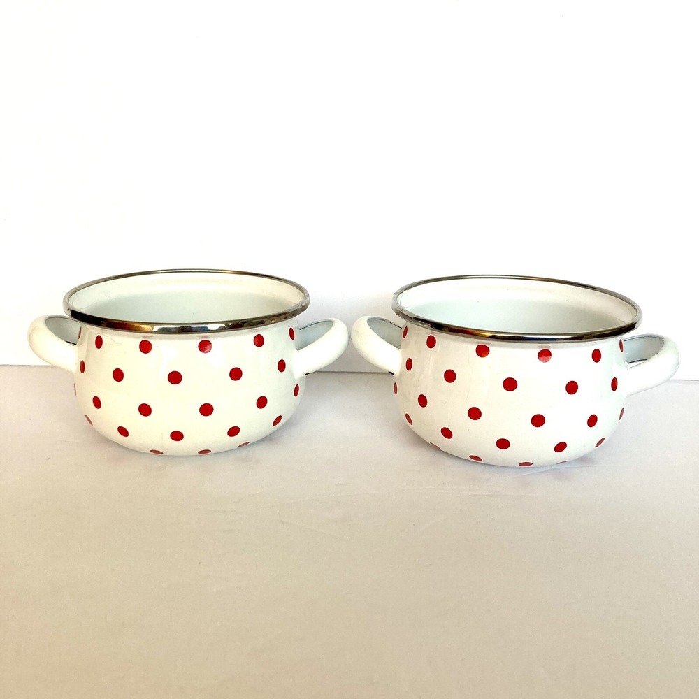 Vtg Ginnys Enamel Bowl Set of 2 Crocks White Red Polka Dot